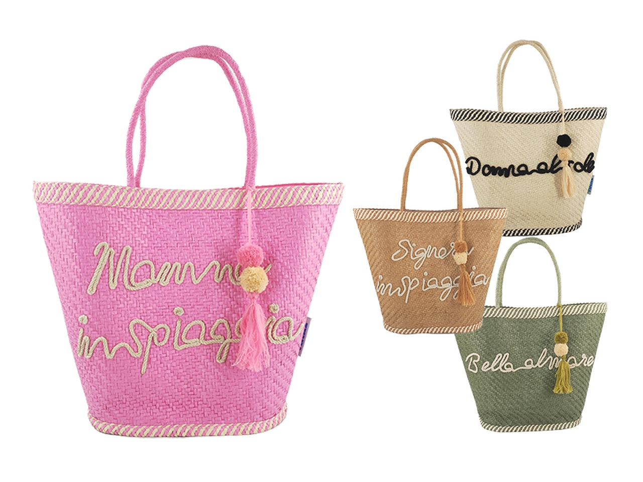 Borsa mare con pendenti e frasi 29x16x34cm in 4 assortimenti