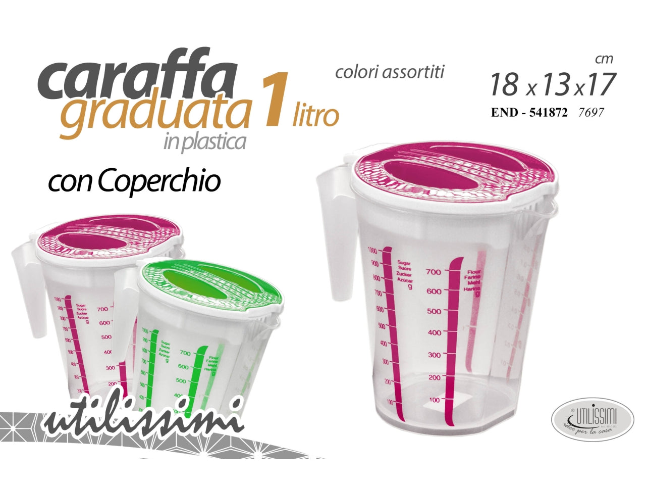 Brocca caraffa graduata con coperchio in plastica 1l 18x13x17cm - disponibile in 2 colori