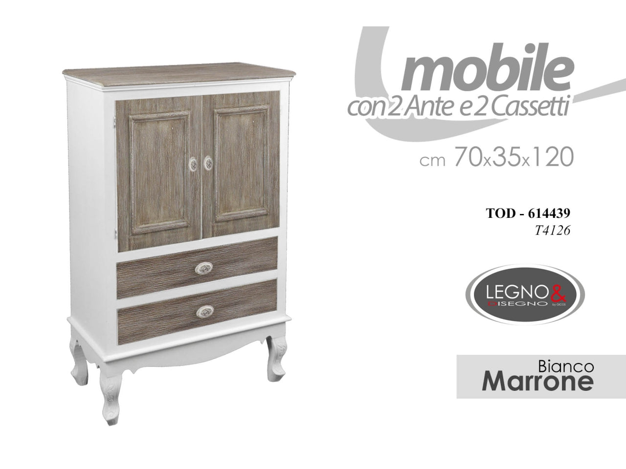 Mobile bianco con 2 ante e cassetti marroni misura 70x35x120cm