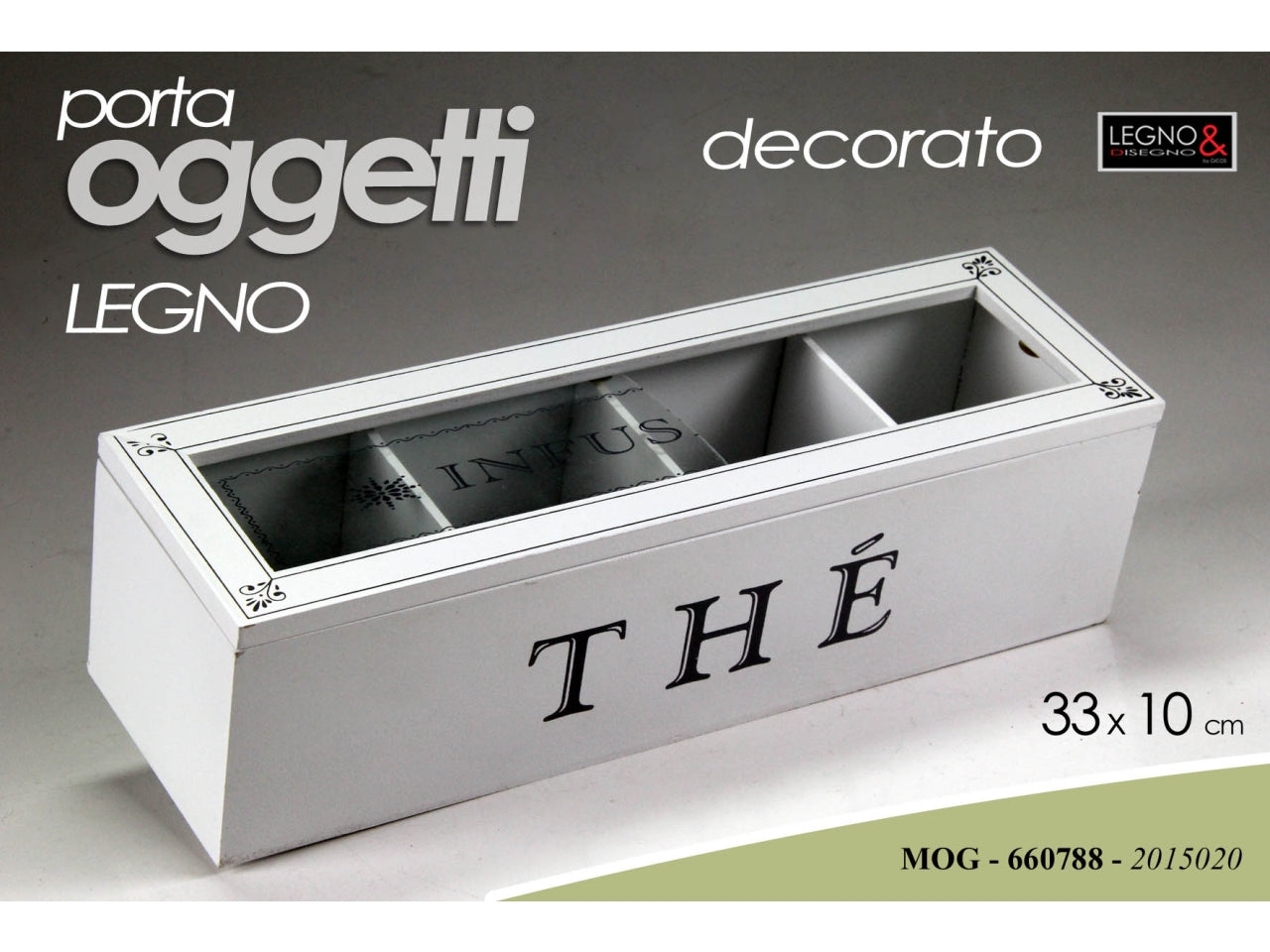 Scatola porta oggetti rettangolare in legno bianco decorato 33x10x9cm