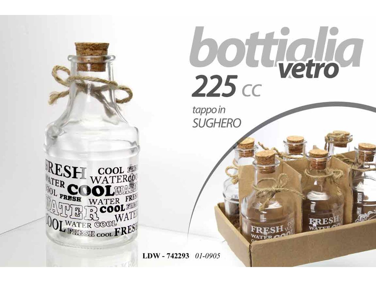 Bottiglia in vetro con tappo in sughero 225ml 6,7x13,8cm