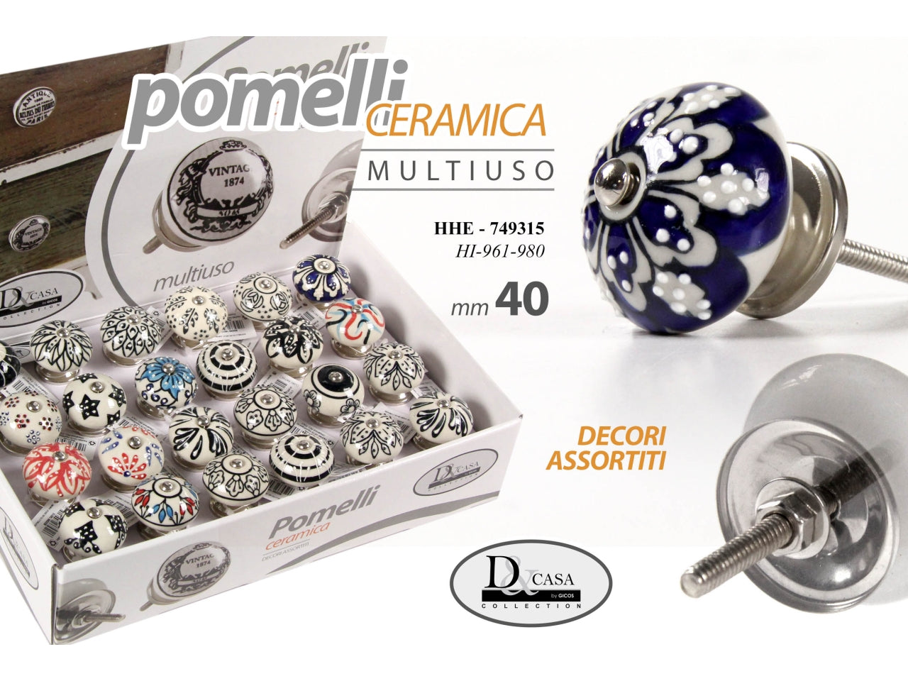 Pomello in ceramica tondo mutiuso diametro 40mm - disponibile in diversi decori