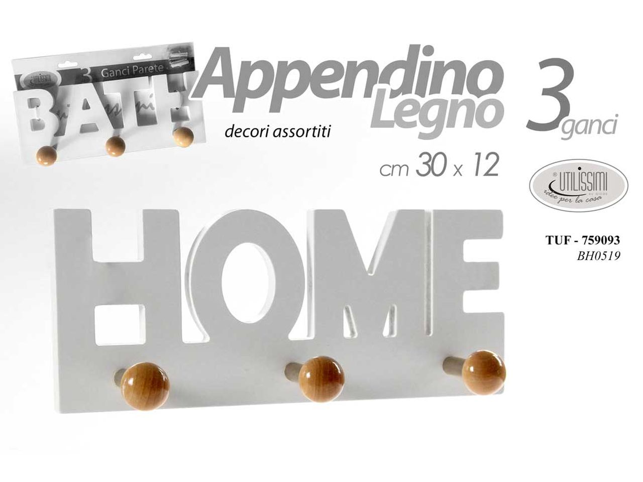 Appendiabito in legno con 3 ganci 30x12cm