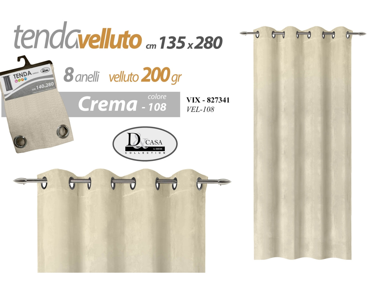 Tenda in velluto da 200gr colore crema misura 135x280cm con 8 anelli