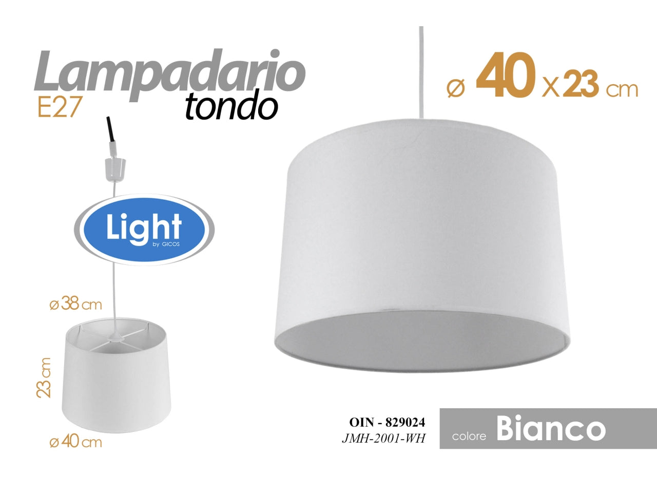 Lampadario tondo colore bianco con attacco e27 misure d.40xh.23cm