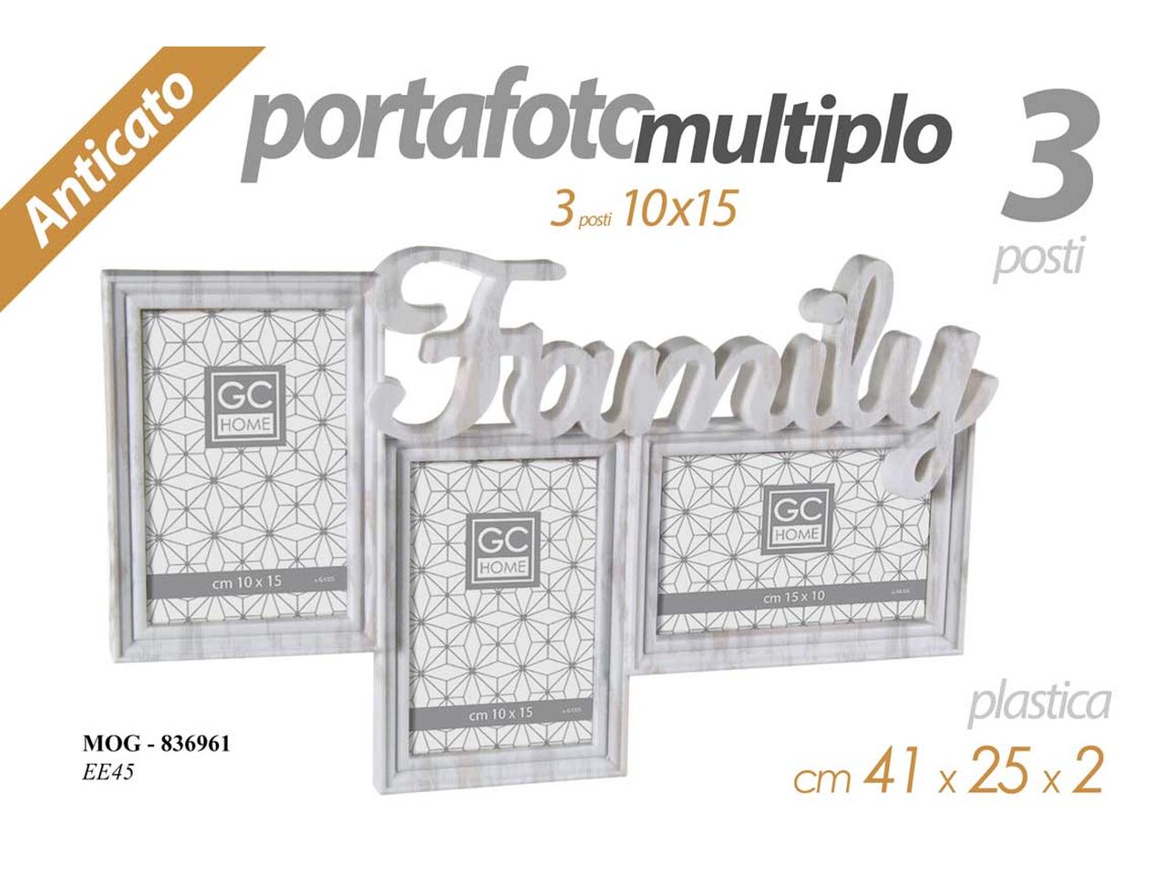 Portafoto multiplo bianco antichizzato 41x25x2,5cm 3 posti