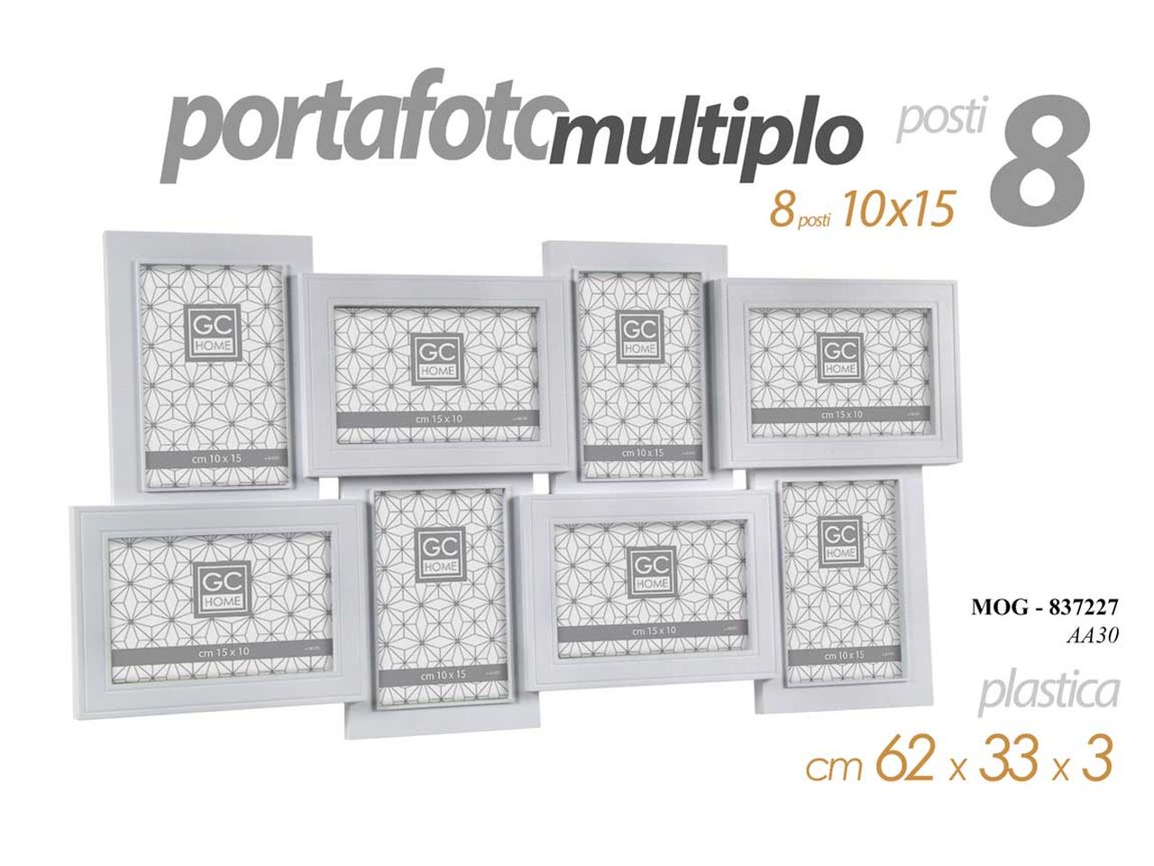Portafoto multiplo bianco 62x33x3cm in plastica a 8 posti