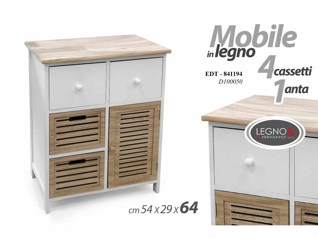 Mobile in legno con 4 cassetti ed 1 anta misura 54x29x64cm