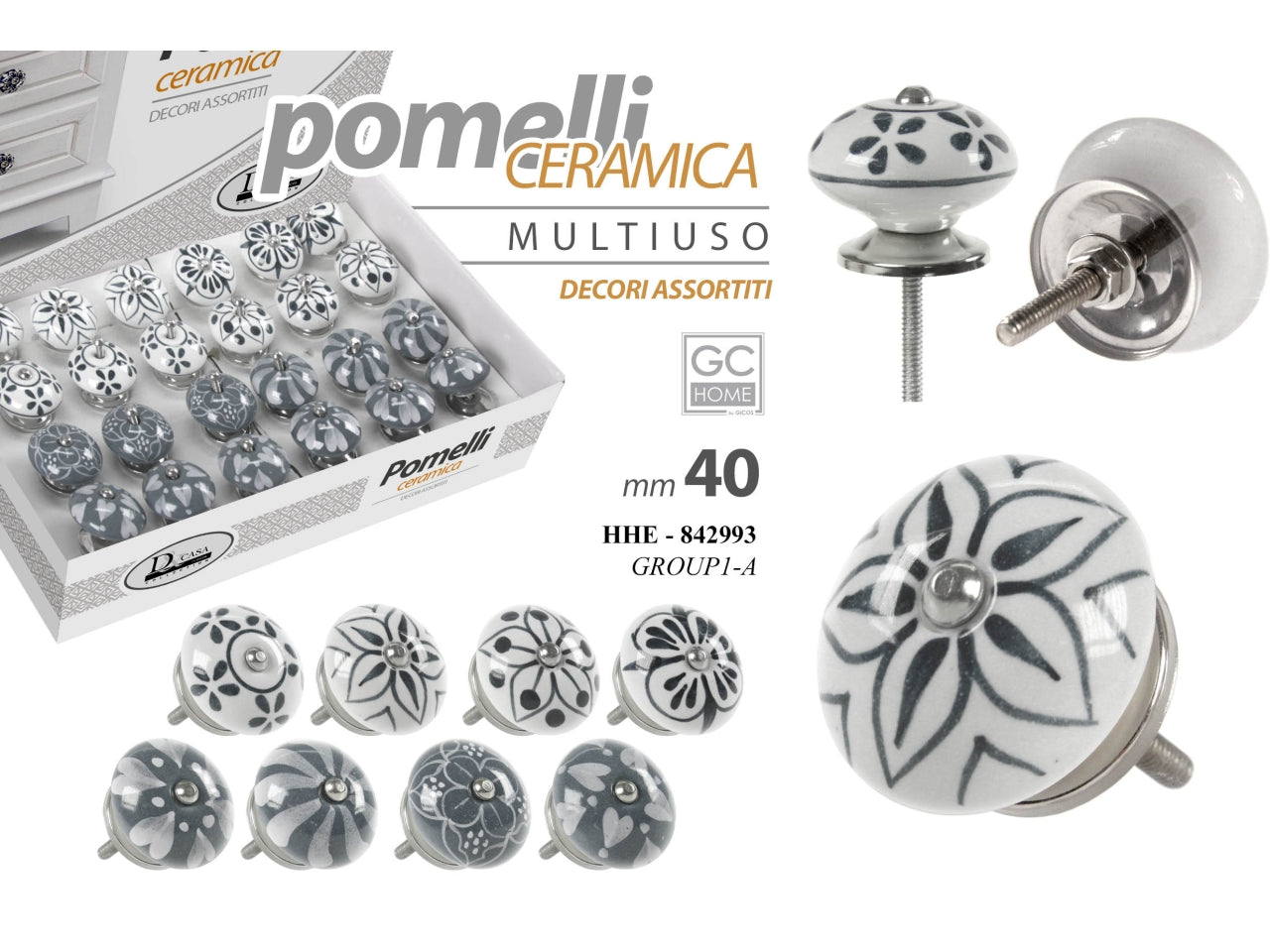 Pomello in ceramica tondo mutiuso con decori assortiti diametro 40mm - disponibile in diversi decori