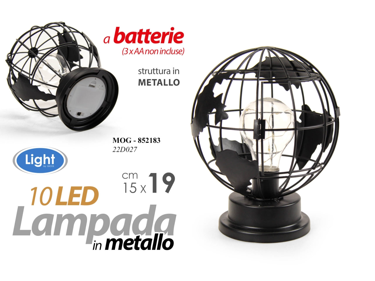 Lampada in metallo nera a forma di mappamondo con 10 led misura 15x15x19cm - funzionamento a batterie (3x aa non incluse)