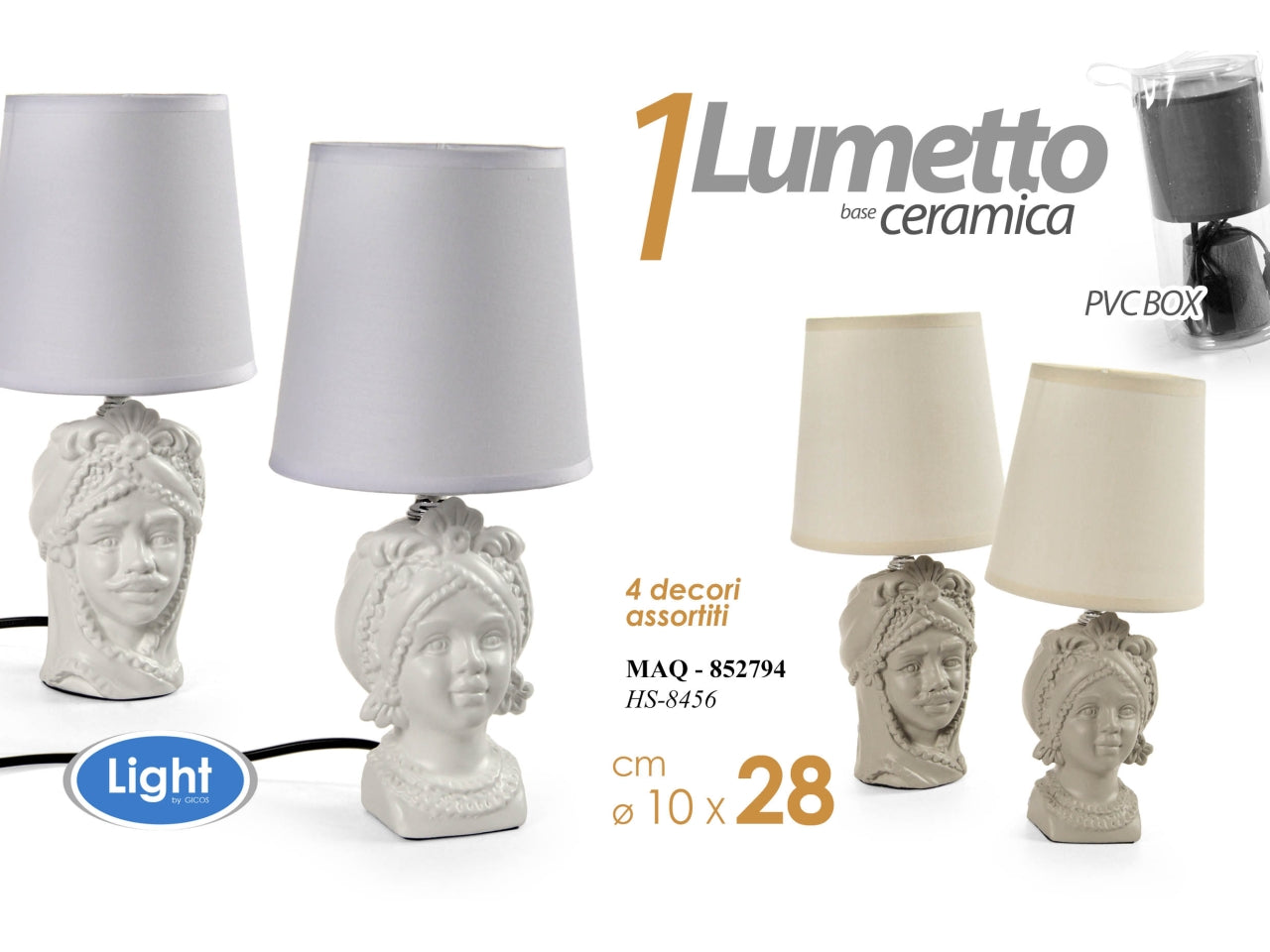 Lumetto con base a forma a forma di testa di moro in ceramica bianca misura d.10xh.28cm - disponibile versione uomo o donna