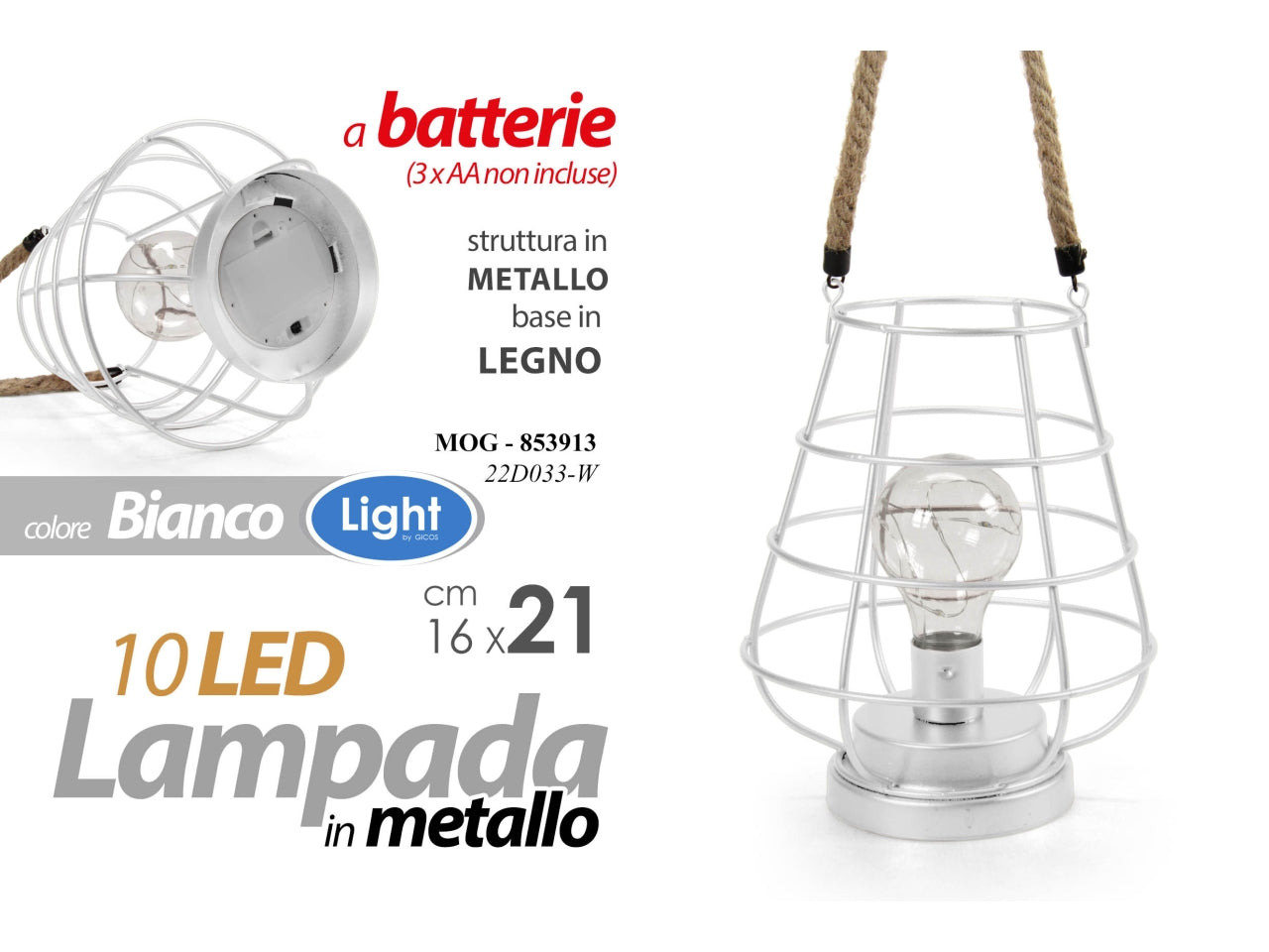 Lampada in metallo bianca e base in legno con 10 led misura 16x16x21cm - funzionamento a batterie (3x aa non incluse)