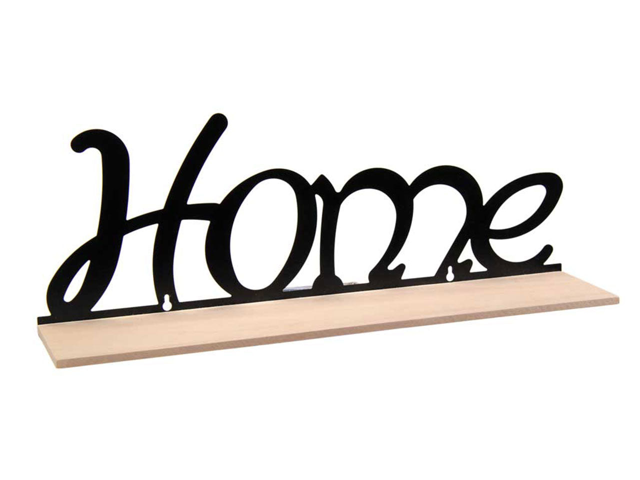 Mensola in legno da parete con applicazione scritta home in metallo 50x10x17cm
