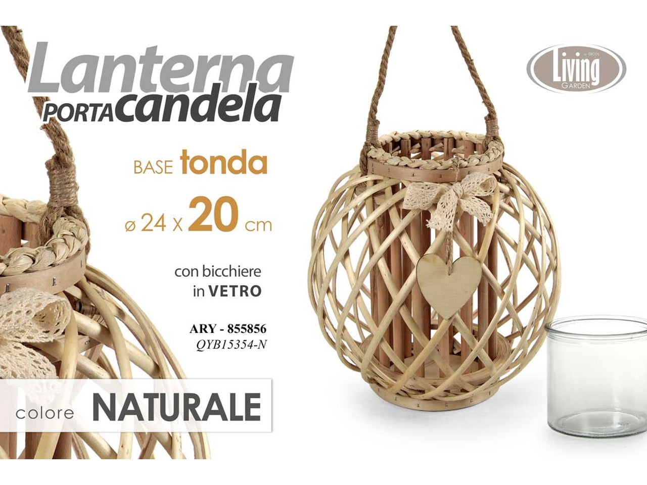 Lanterna colore naturale con porta candela misura 16x20cm