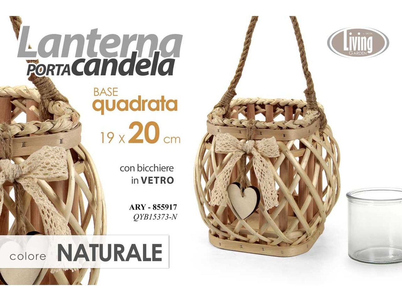 Lanterna colore naturale con porta candela misura 14x20cm