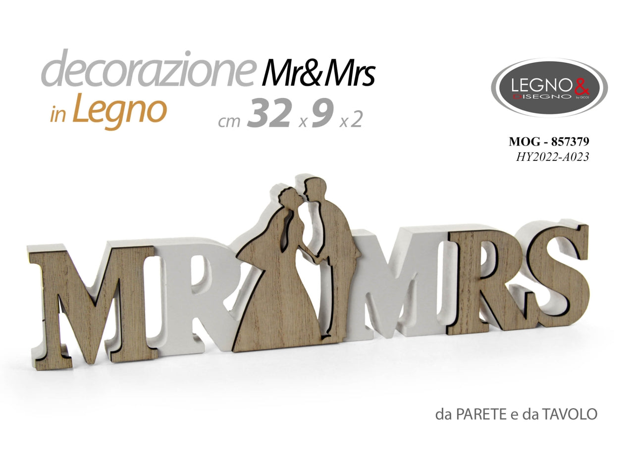 Decorazione da tavolo e parete in legno bianco e marrone scritta mr & mrs misura 32x9x1,8cm