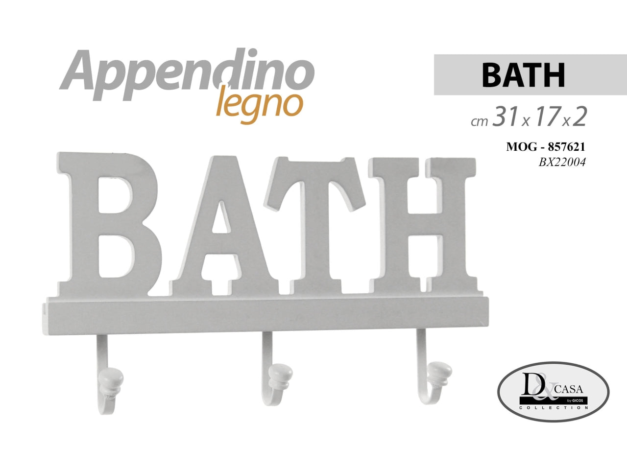 Attaccapanni da muro scritta Bath in mdf e ferro a 3 ganci 31x17x2 cm - Gicos