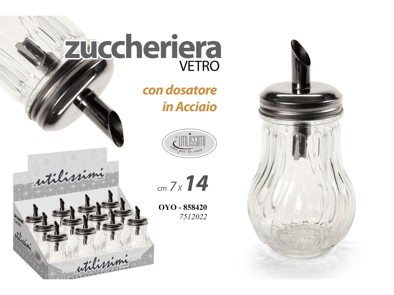 Zuccheriera in vetro con dosatore in acciaio 180ml 7x14cm