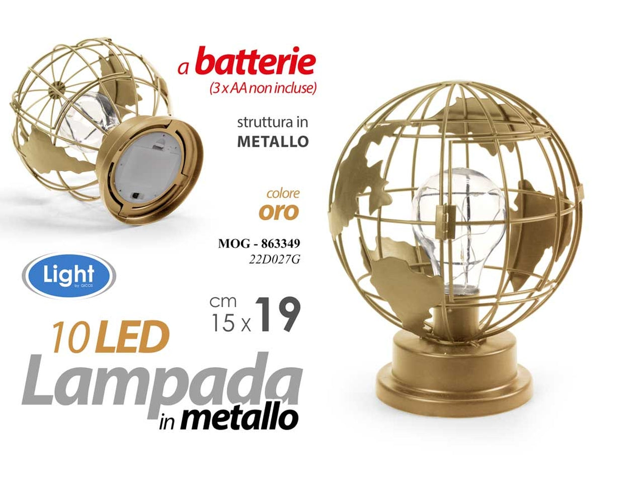 Lampada led colore oro mappamondo misura 15x19cm