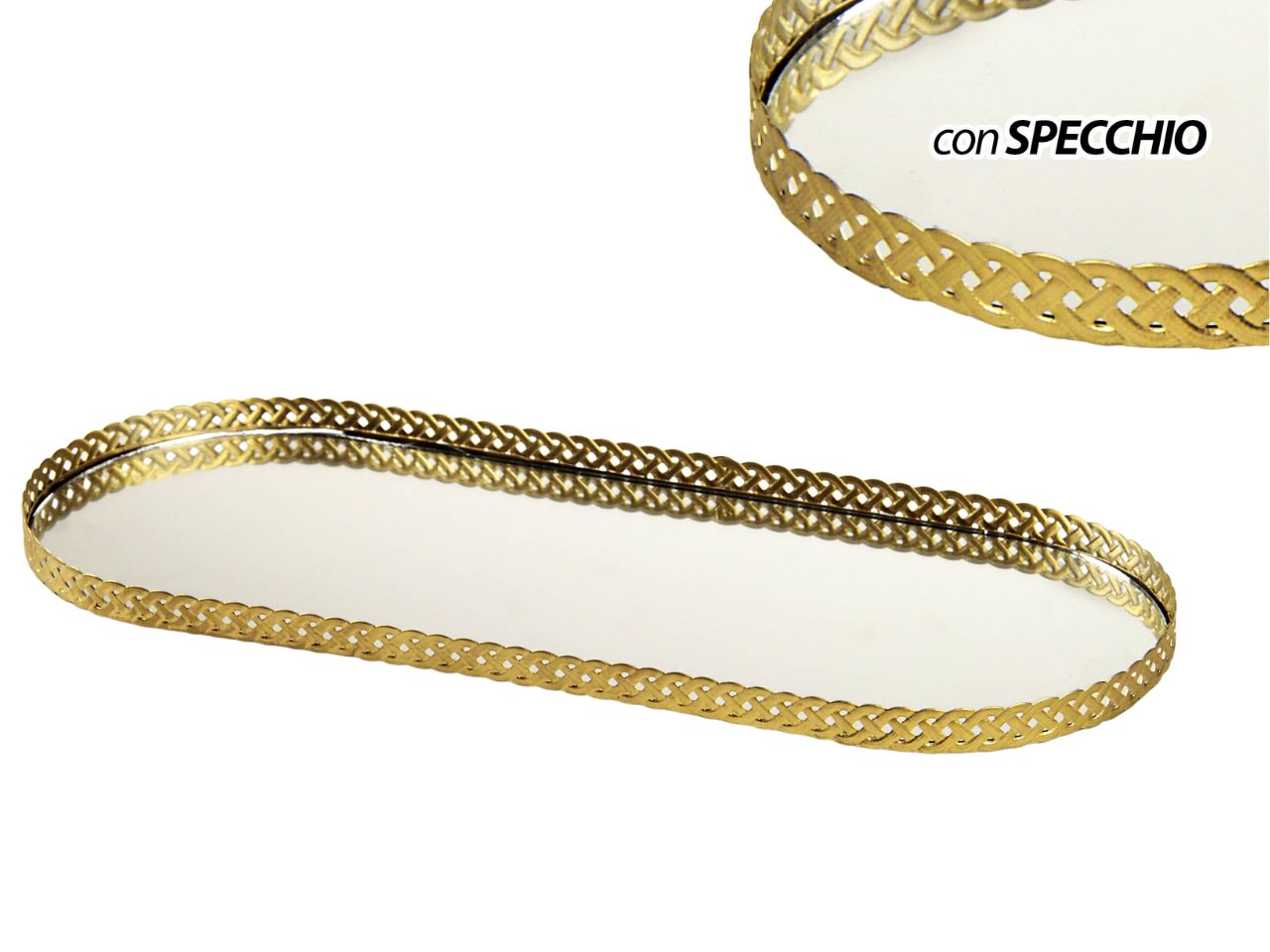 Vassoio con specchio ovale in metallo classico dorato 40x15x2 cm - Gicos