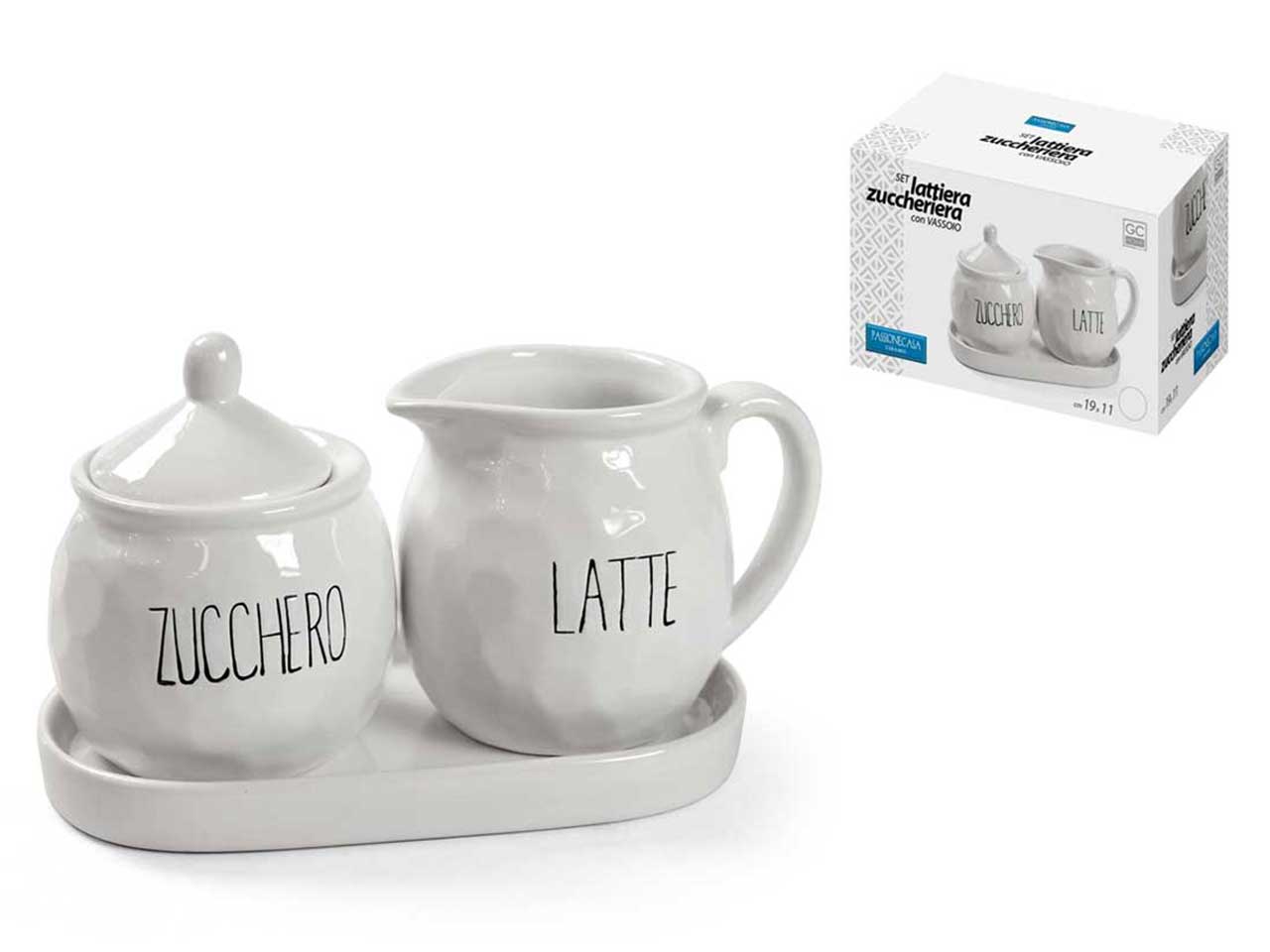 Set lattiera e zuccheriera con vassoio in ceramica shabby chic bianco, 19x11x2 cm - Passionecasa