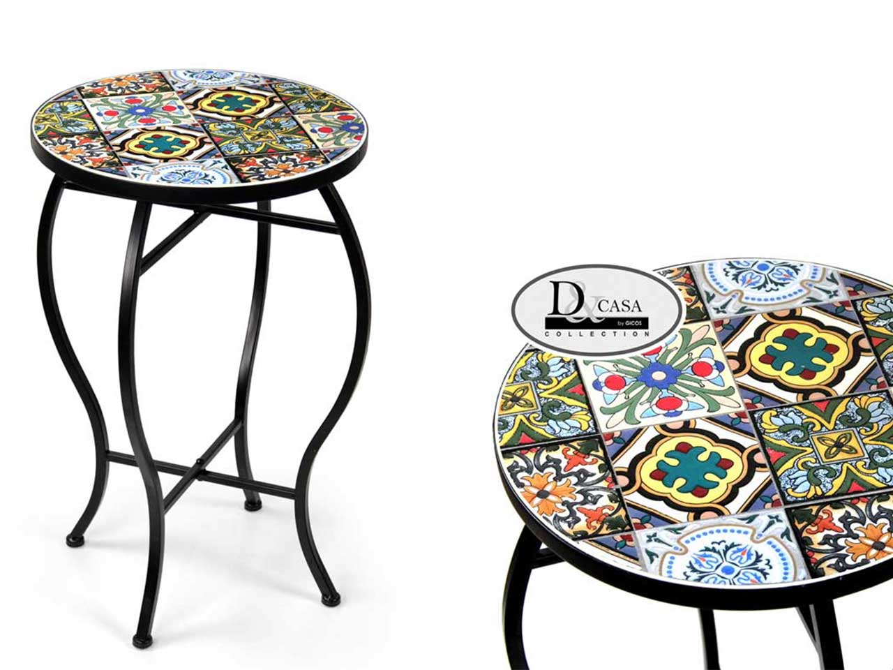 Tavolino mediterraneo in metallo nero e multicolor rotondo 35x54 cm - Gicos