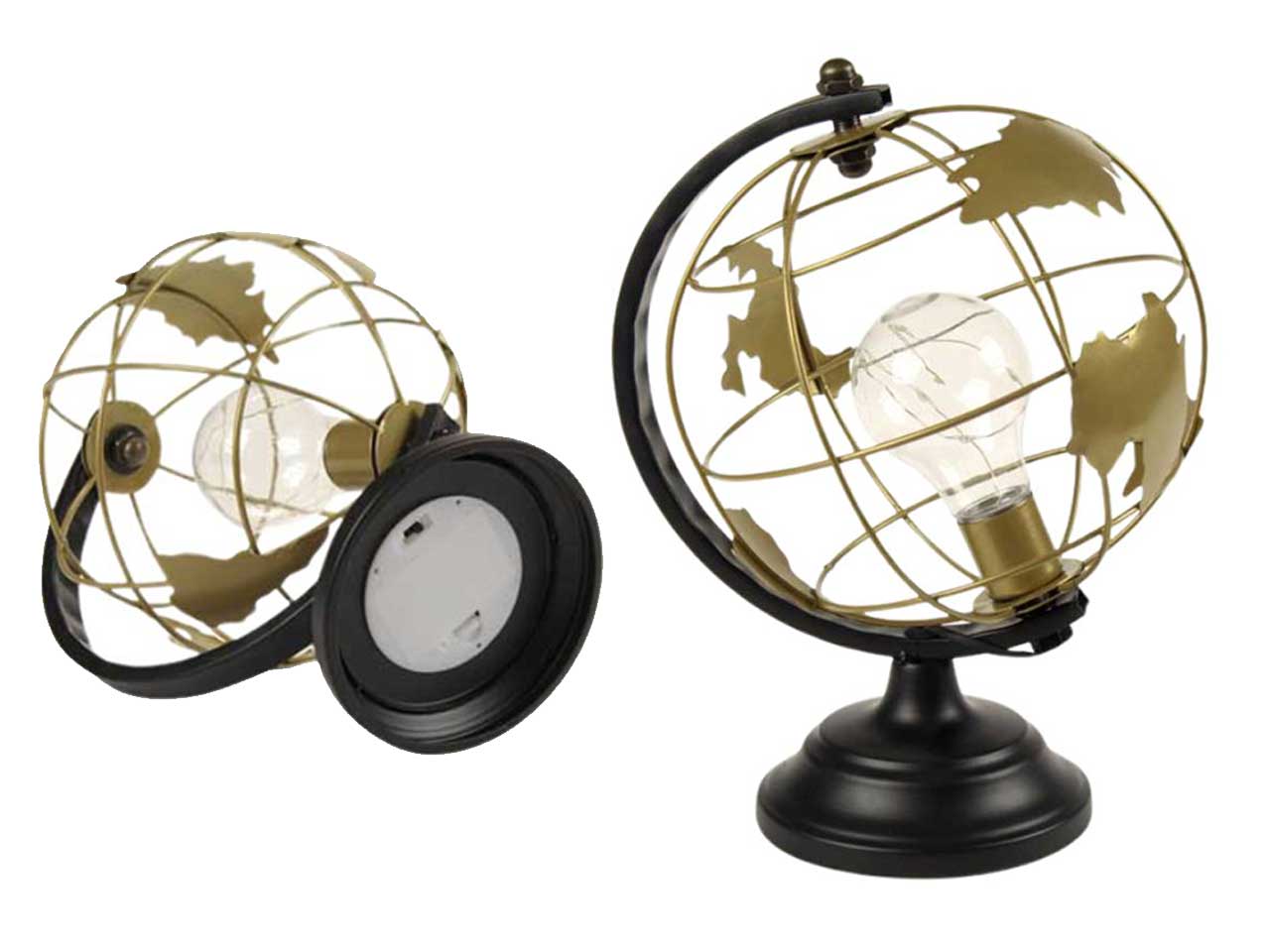 Lampada da tavolo mappamondo con LED, stile industrial in metallo dorato e nero 20x27cm - Gicos