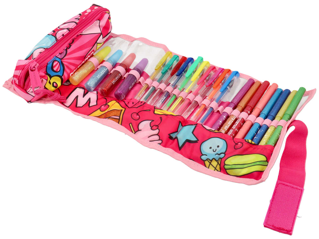 Astuccio scuola  Mitama, glitter roll + bustina assortiti, arrotolabile con 25 pezzi
