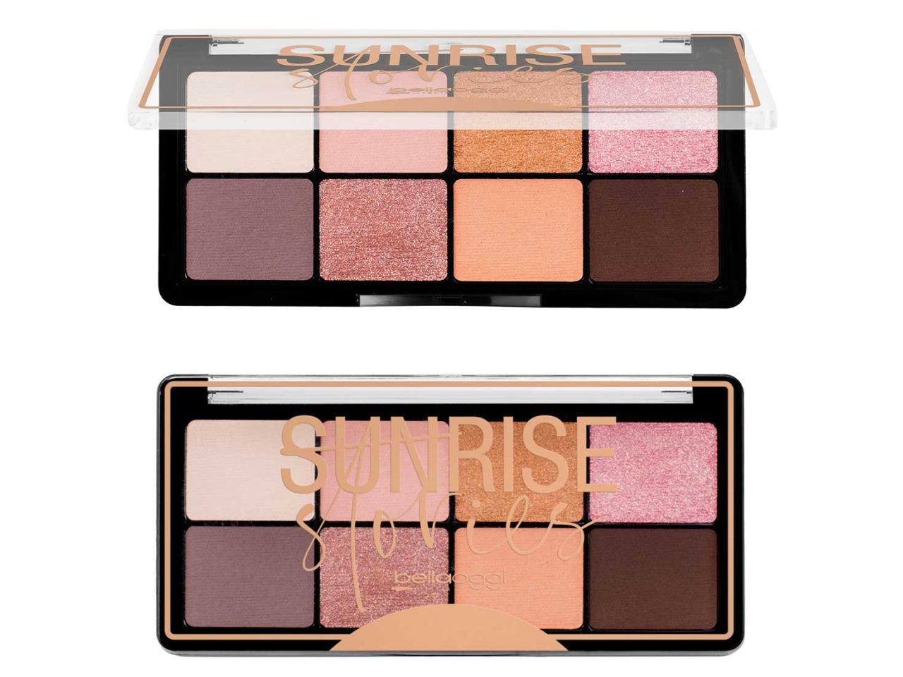 Palette occhi ombretto - Sunrise Stories - 8 Nuance Vibranti, Matte e Glam, Soft Smokey - Nude Glam - Bellaoggi