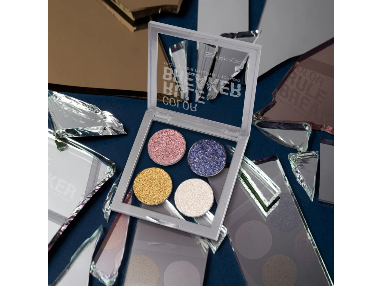 Palette occhi ombretto - Color Rule Breaker - Look Bold, 4 Ombretti Glitterati, Top Coat - Glitter Party - Bellaoggi