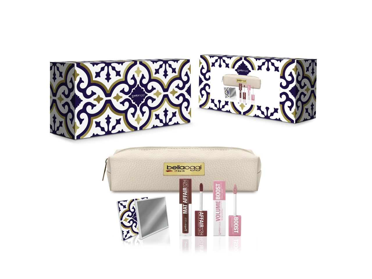 Kit make up Mediterranean - Rossetto Opaco 12H, Volume Boost Labbra e Specchietto - Bellaoggi