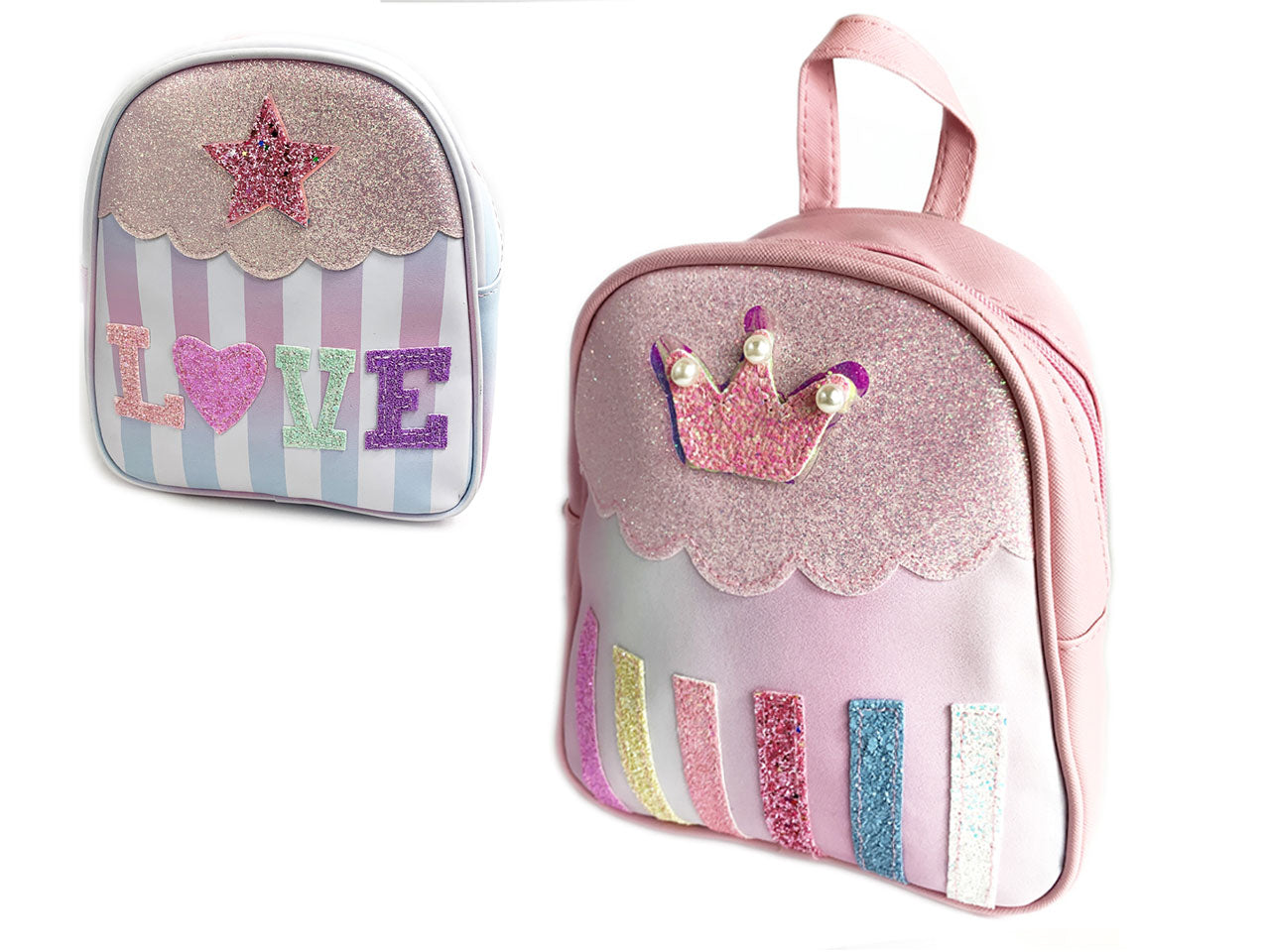 Zainetto bimba BK10059 in 2 colori assortiti - 100% pvc tessuto glitterato con decori a rilievo - 21,5x19,5x8 cm -  Le Kikke