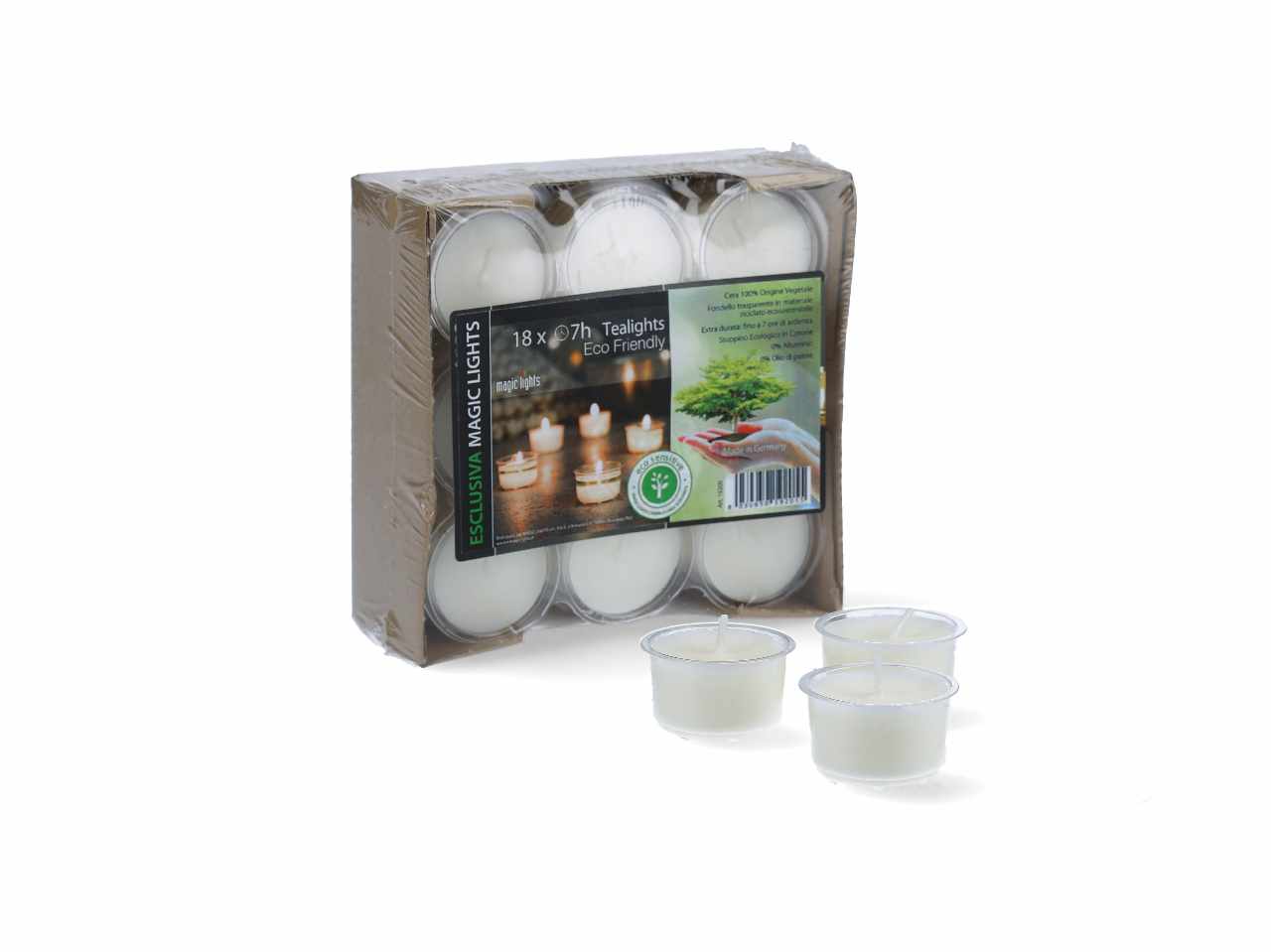 Candela profumata premium lights cup candle colore bianco a lunga durata 7 ore in cera vegetale confezione da 18 candele