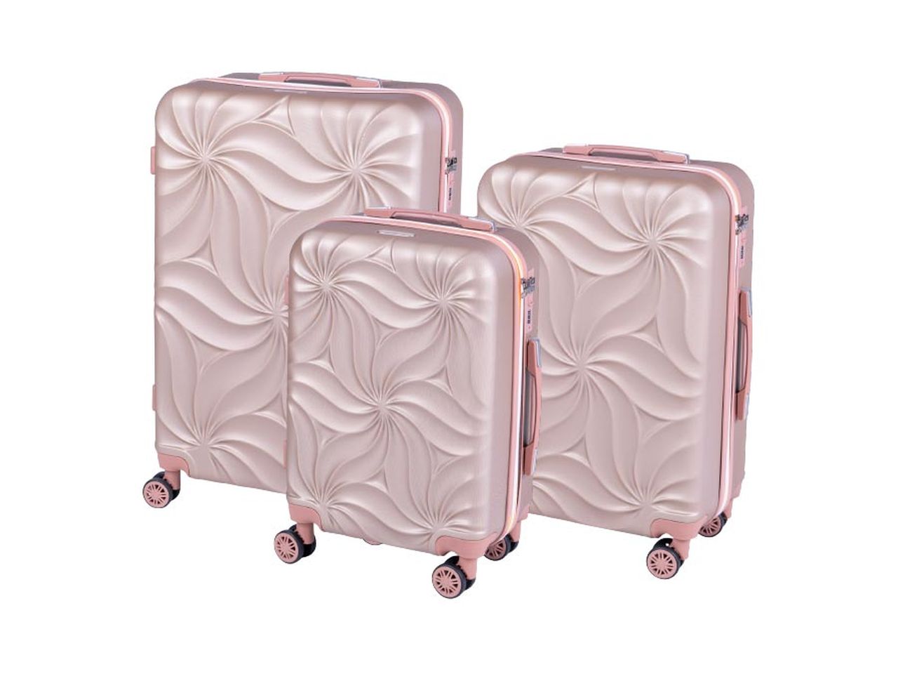 Set 3 trolley flower tortora e rose gold, con abs 4 doppie ruote, sacca a rete, elastico ferma indumenti e cerniera singola