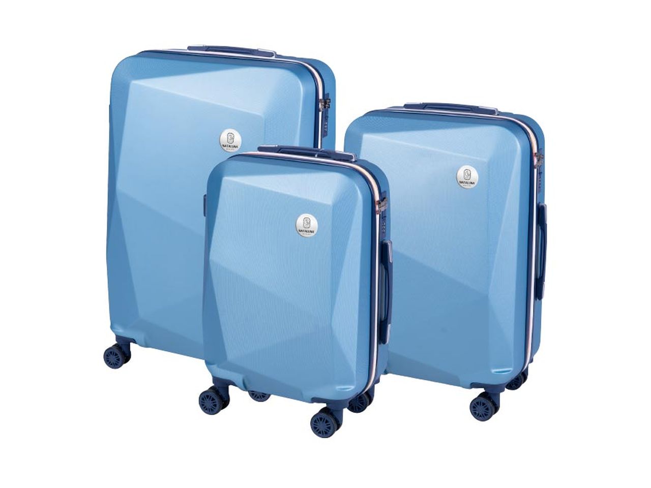 Set 3 trolley style light blu e dark blu, con abs, 4 doppie ruote, sacca a rete, elastico ferma indumenti e cerniera singola