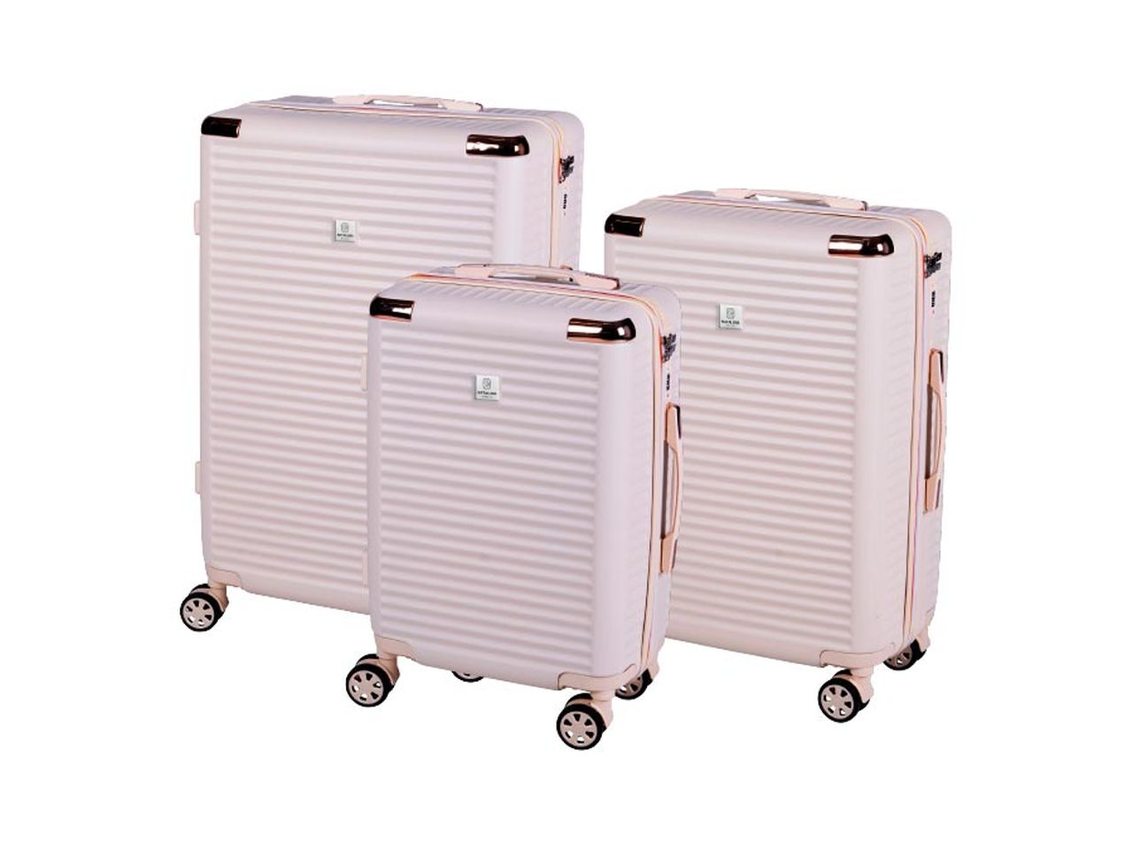 Set 3 trolley voyager crema con abs, 4 doppie ruote, sacca a rete, elastico ferma indumenti con cerniera singola