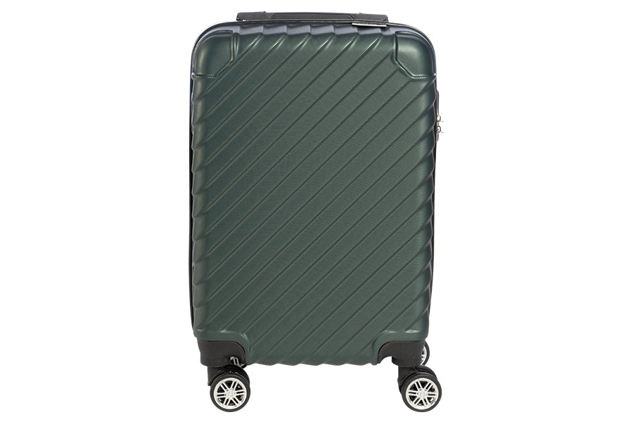 Trolley modello naxos colore verde misura 33,5x22x55cm in abs con 4 doppie ruote, sacca a rete, elastico ferma indumenti e chiusura con ganci