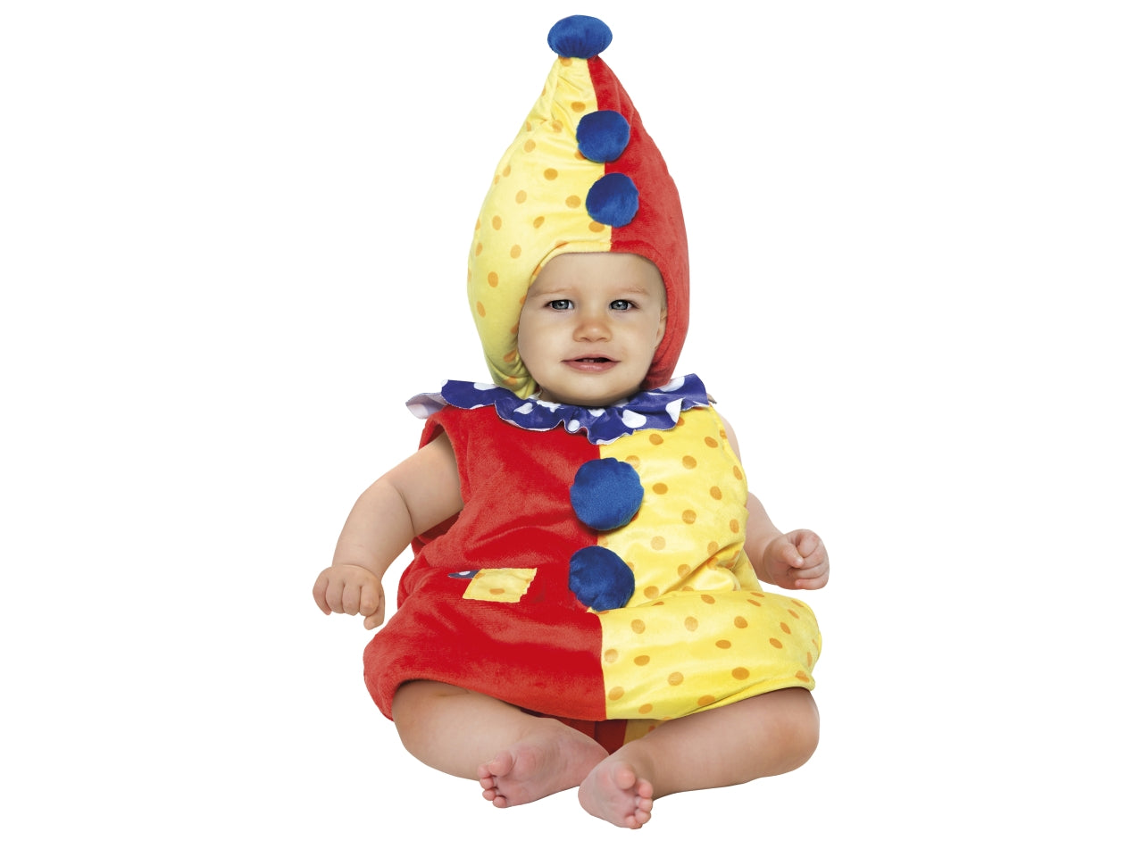 Costume carnevale da clown bambino saccotto in velluto con cappuccio età 6/12 mesi - Multicolor, Packaging in Busta Trasparente, Materiale 100% Poliestere, Altezza 50 cm, per Neonati.