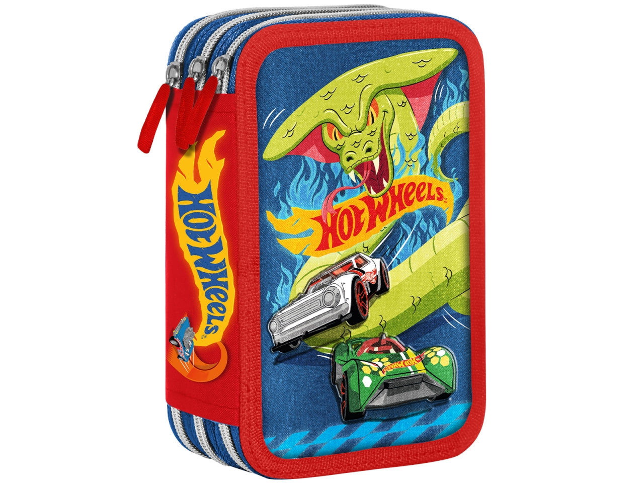 Astuccio Hot Wheels 3 cerniere da bambino per scuola rosso e azzurro 18x6x11 cm