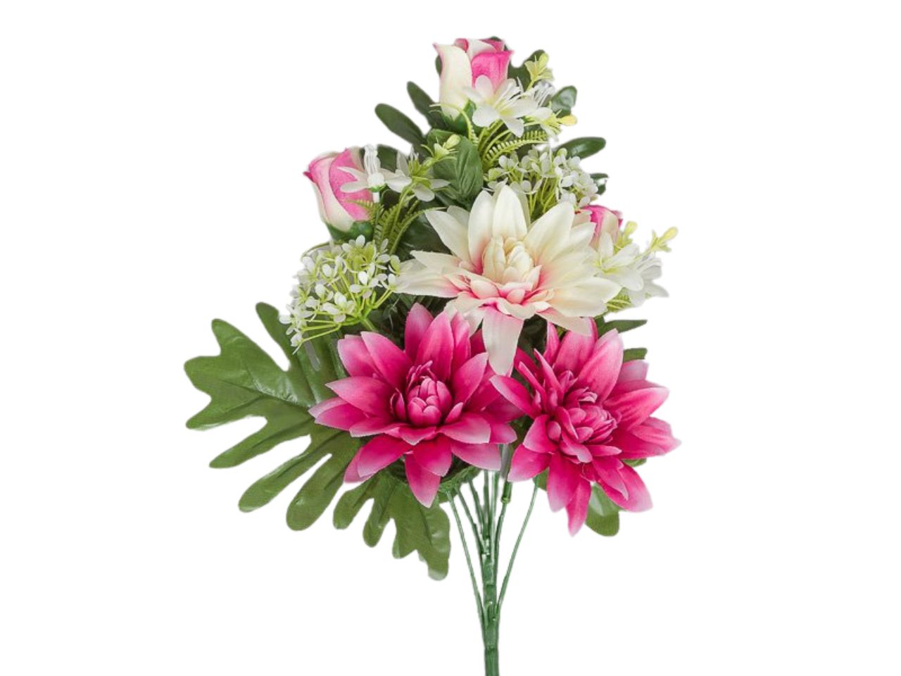 Mazzo frontale con dalie e boccioli di rose x8 h.43cm beauty