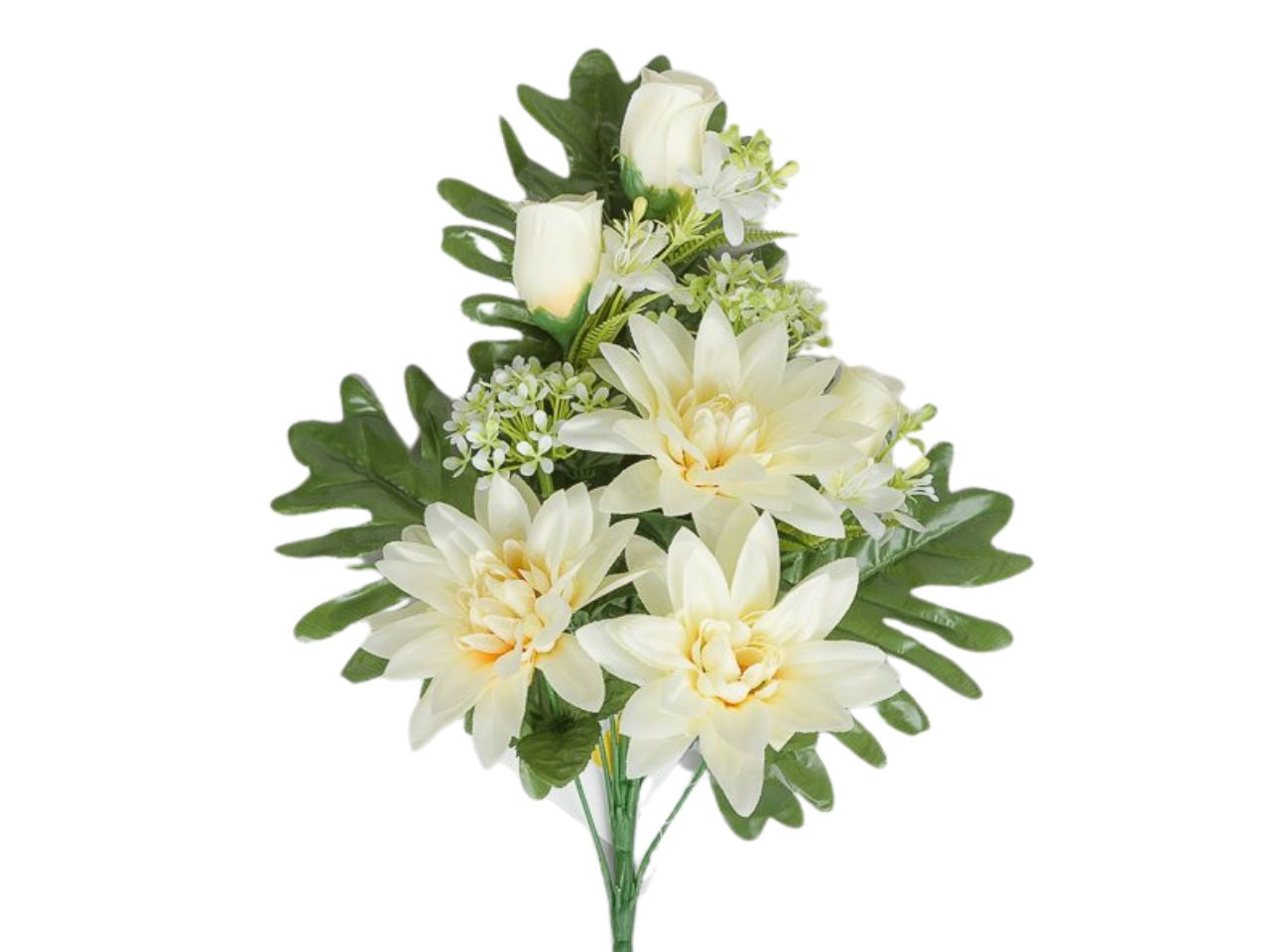 Mazzo frontale con dalie e boccioli di rose x8 h.43cm crema