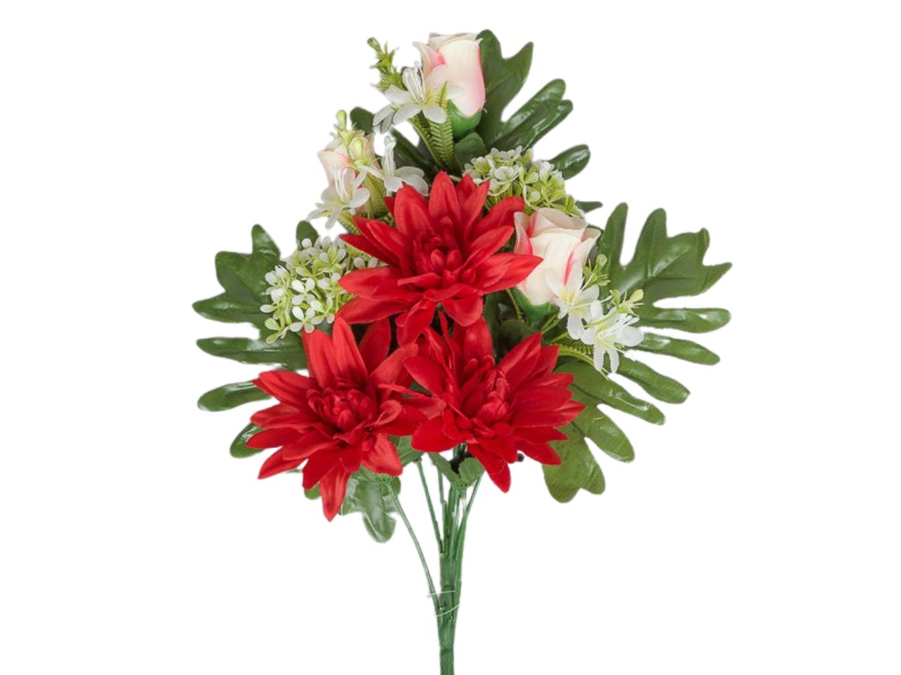Mazzo frontale con dalie e boccioli di rose x8 h.43cm rossi