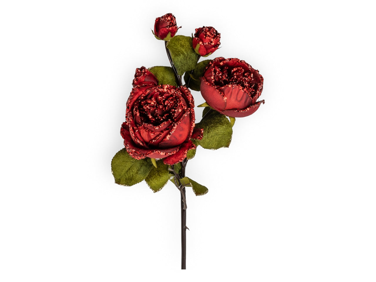 Rosa artificiale ramo flessibile con 5 fiori in velluto bordeaux con bordi glitterati 68,5 cm - Conti