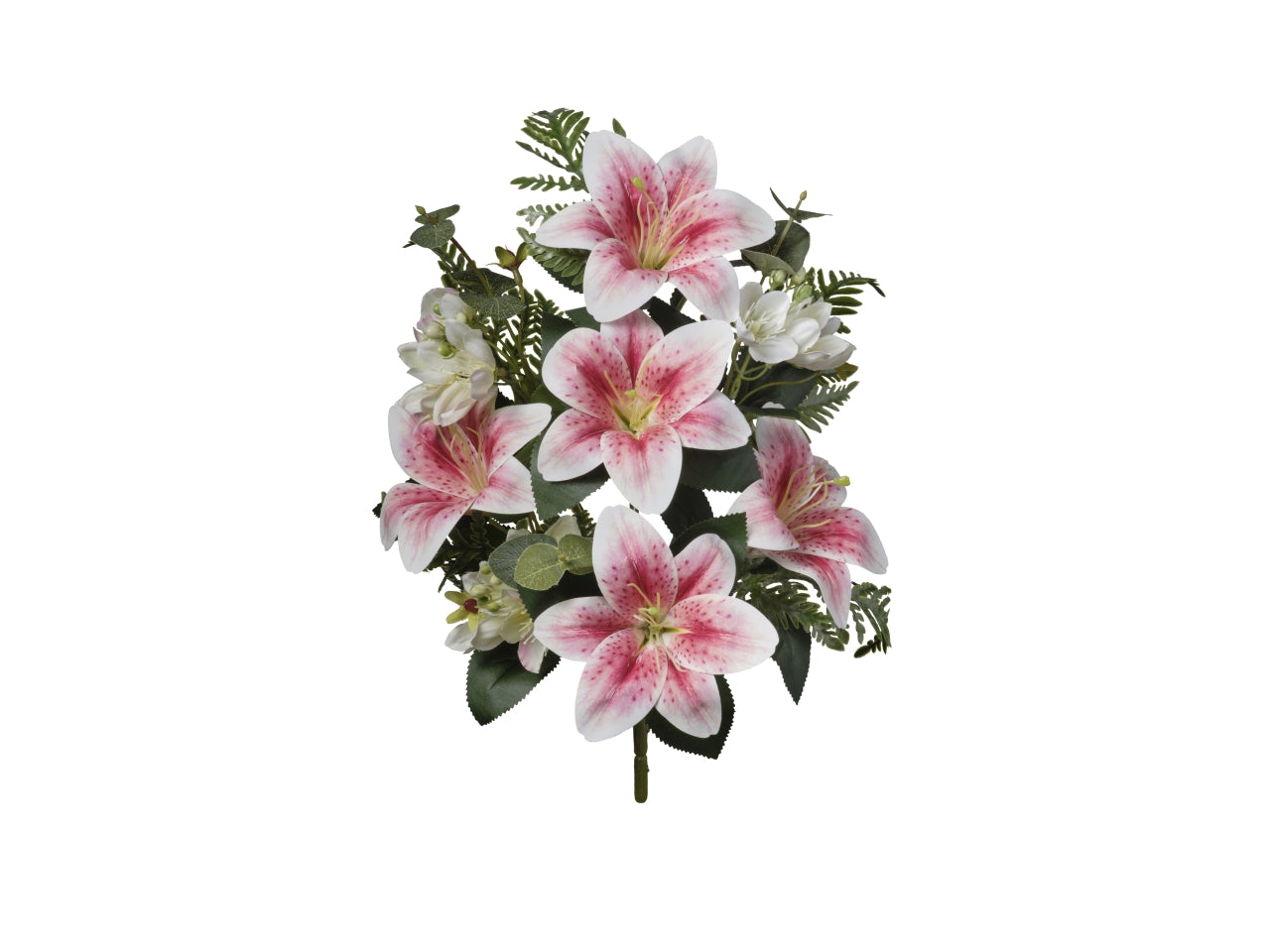 Gigli bianchi sfumati fucsia artificiali in plastica e tessuto sintetico 27x45 cm, mazzo frontale - Conti