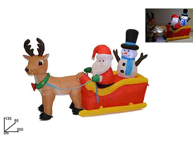 Gonfiabile slitta con renna con babbo natale e pupazzo neve 135x85x200cm