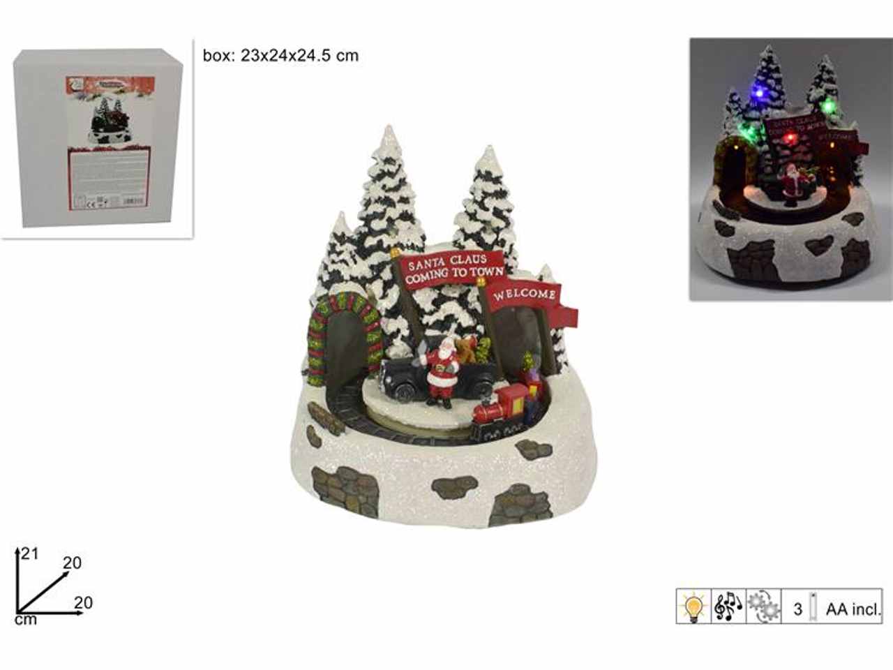 Giostrina natalizia babbo natale con treno movimento e luci+ musica con batteria 21x23x20cm