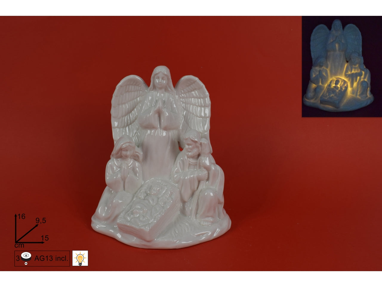 Sacra famiglia con angelo e luce 16cm