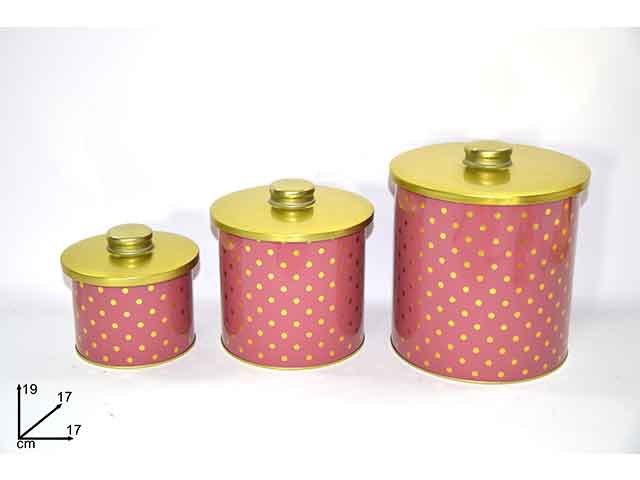 Barattolo latta 3 pezzi rosa pois cm002647