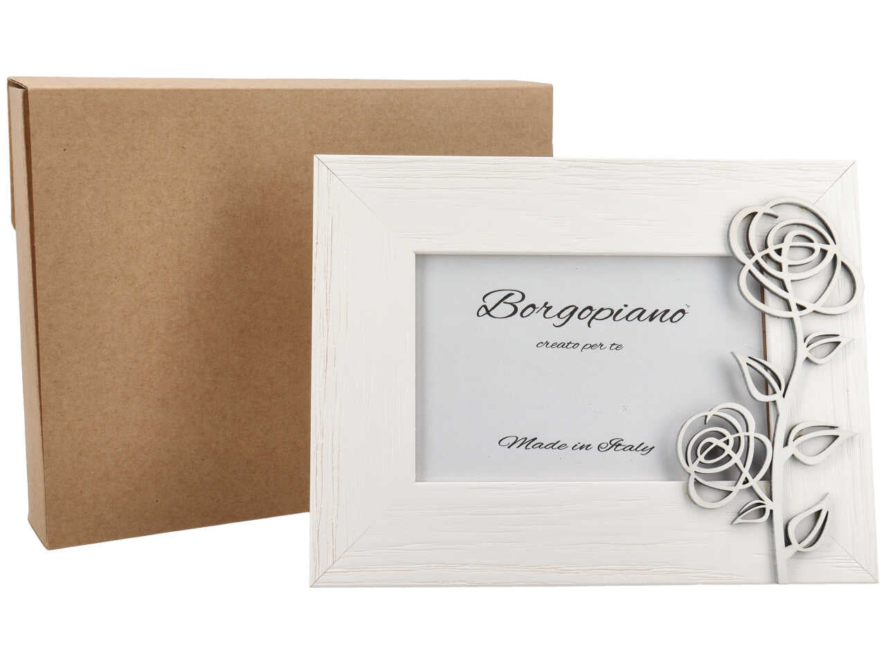 Cornice portafoto bianca in legno effetto invecchiato con rosa in rilievo stile shabby chic - 10x15cm - Borgopiano