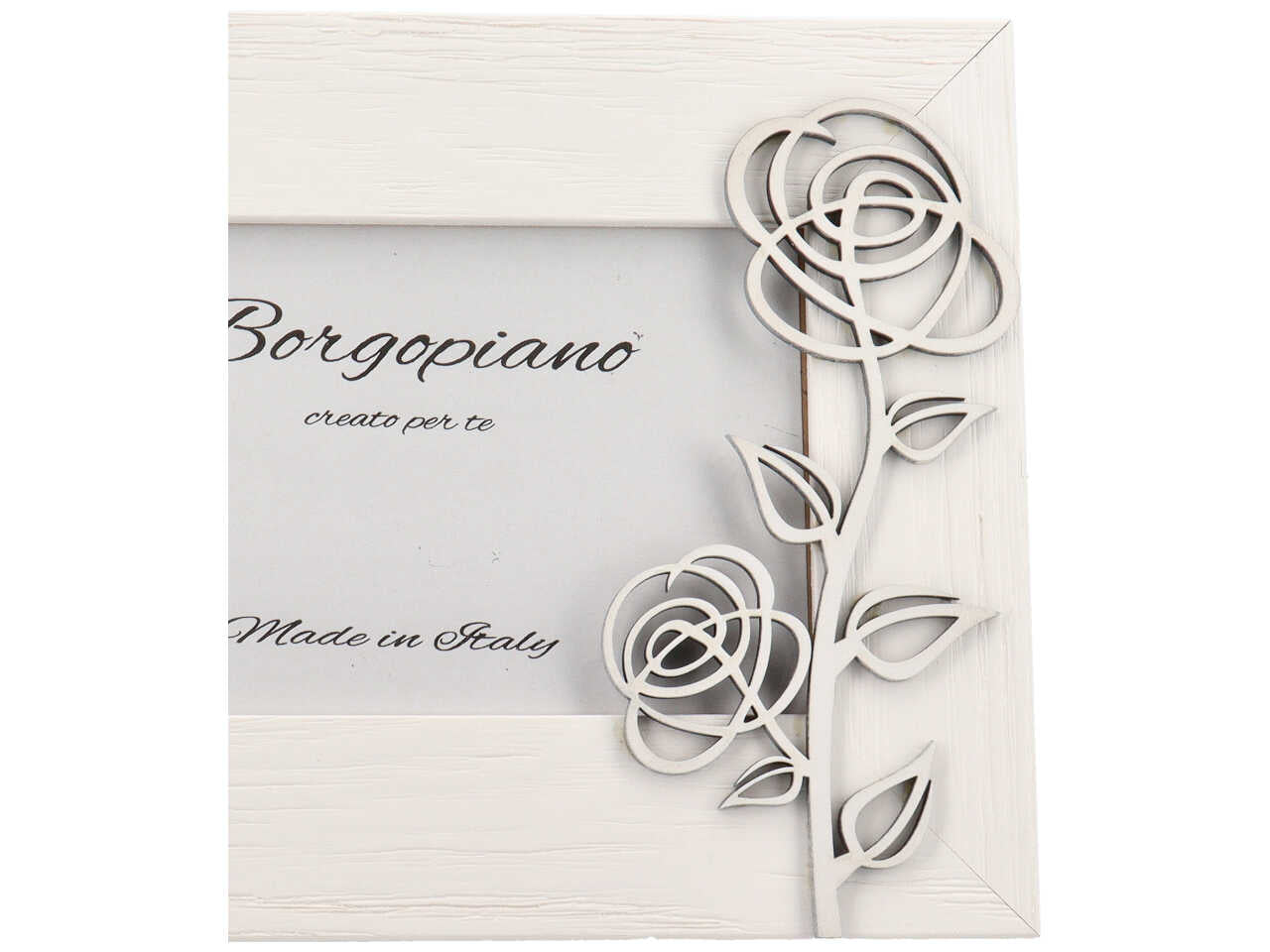 Cornice portafoto bianca in legno effetto invecchiato con rosa in rilievo stile shabby chic - 10x15cm - Borgopiano